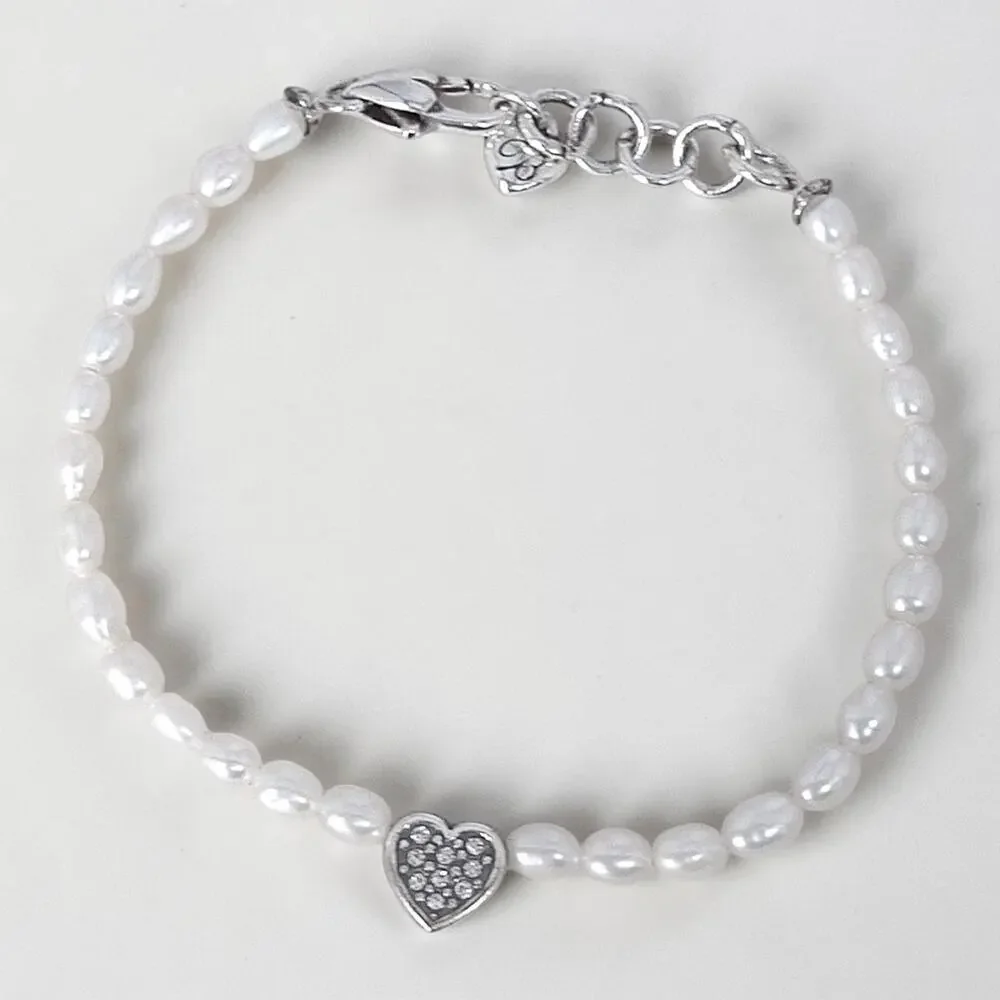 Brighton Meridian Zenith Heart Pearl Bracelet Silver Plated 7-8" Adjustable - Picture 3 of 6